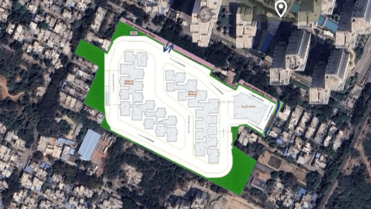 Godrej Kukatpally Master Plan showing two iconic towers, G+45 floors, site layout with clubhouse, green spaces, and road networks